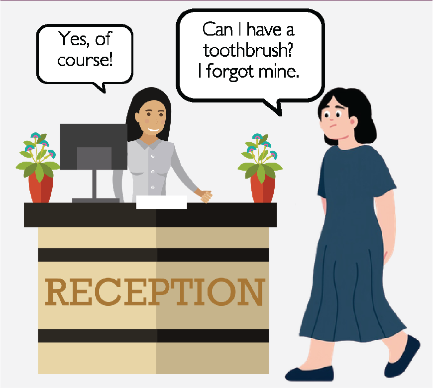 Graphic of a woman talking to the receptionist, she is asking 