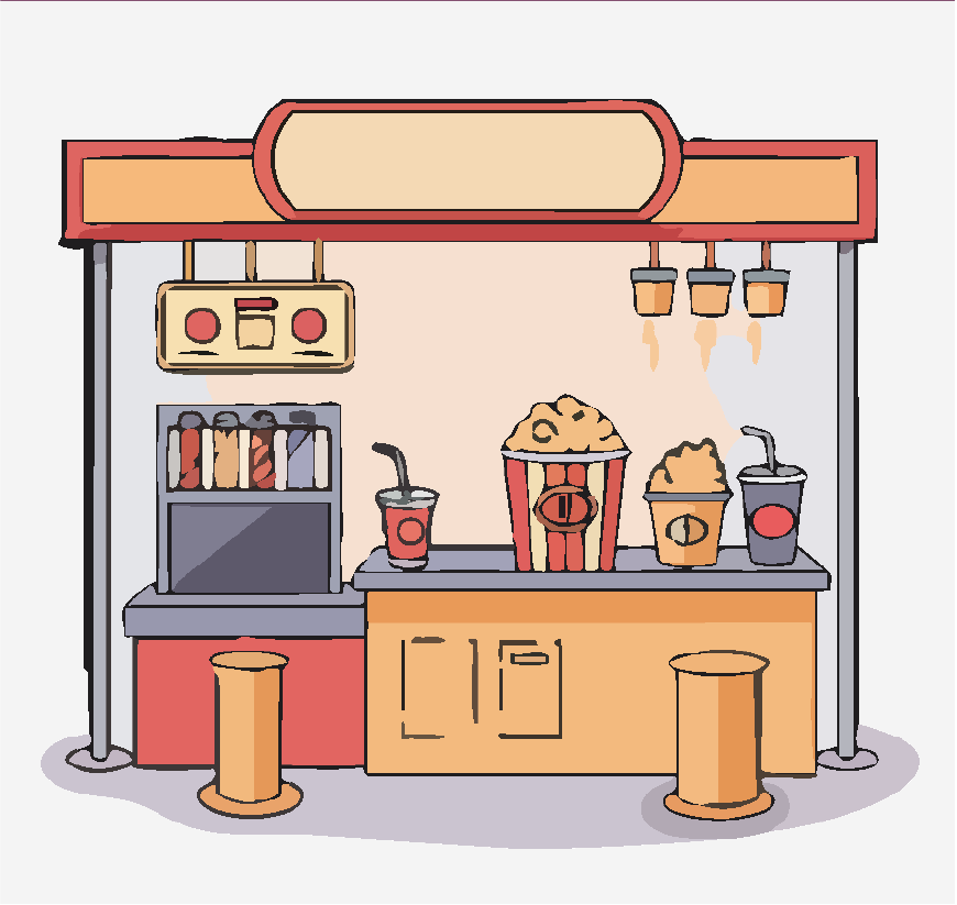 Graphic of a snack bar, there is popcorn, soda and other snacks.