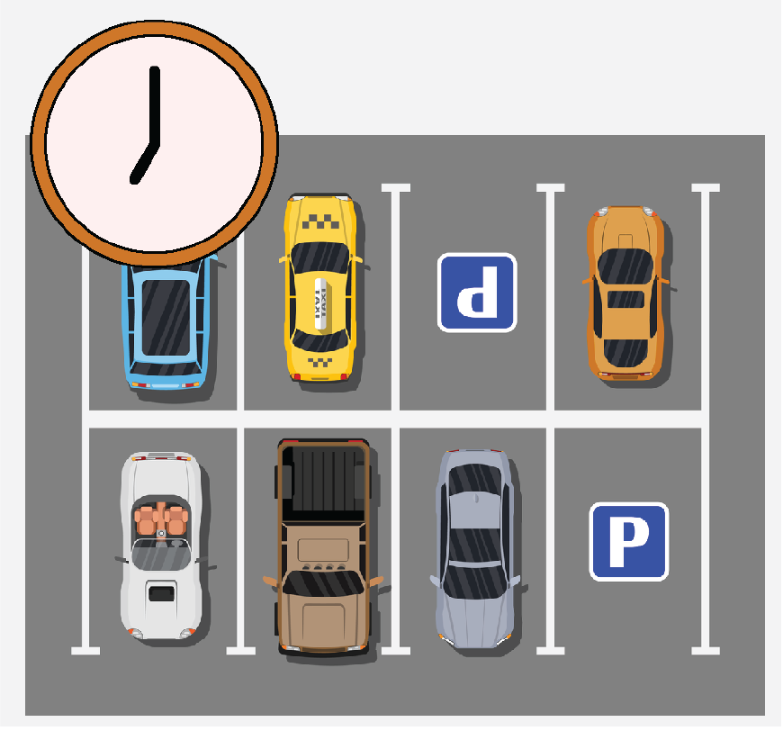 Graphic of a parking lot with cars in it and a clock.