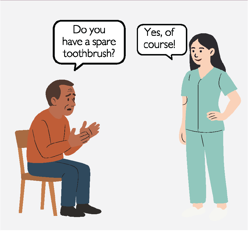 Graphic of a Nurse and a patient talking, the patient is saying 
