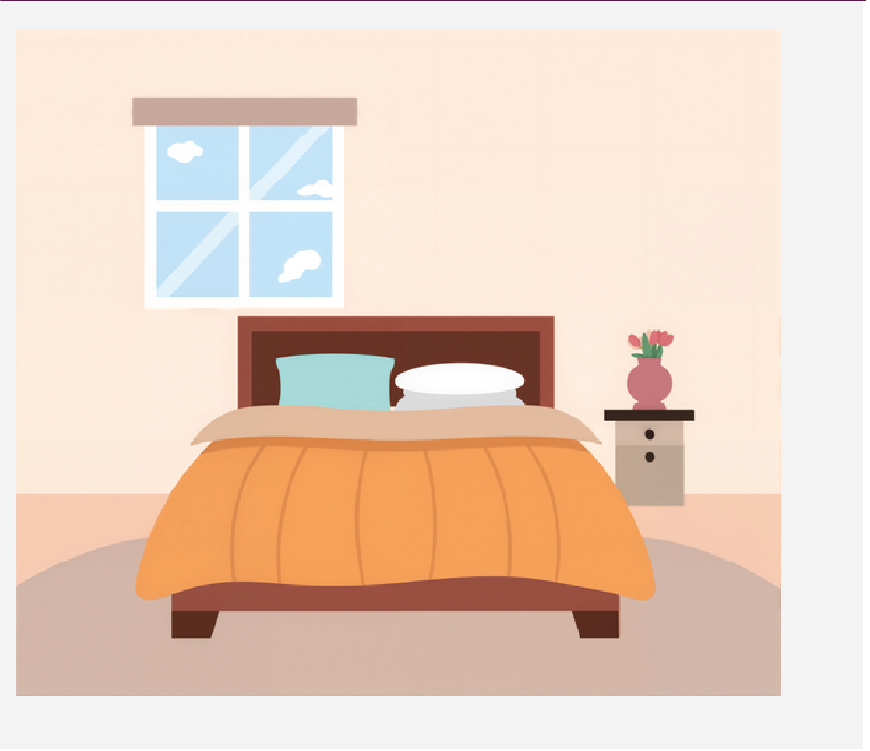 Graphic of a hotel room, there is a nice bed in the middle of it.