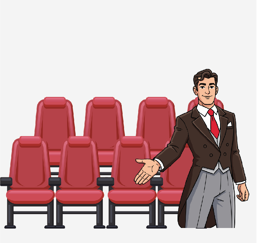 Graphic of a man in a suit showing us to our chair.