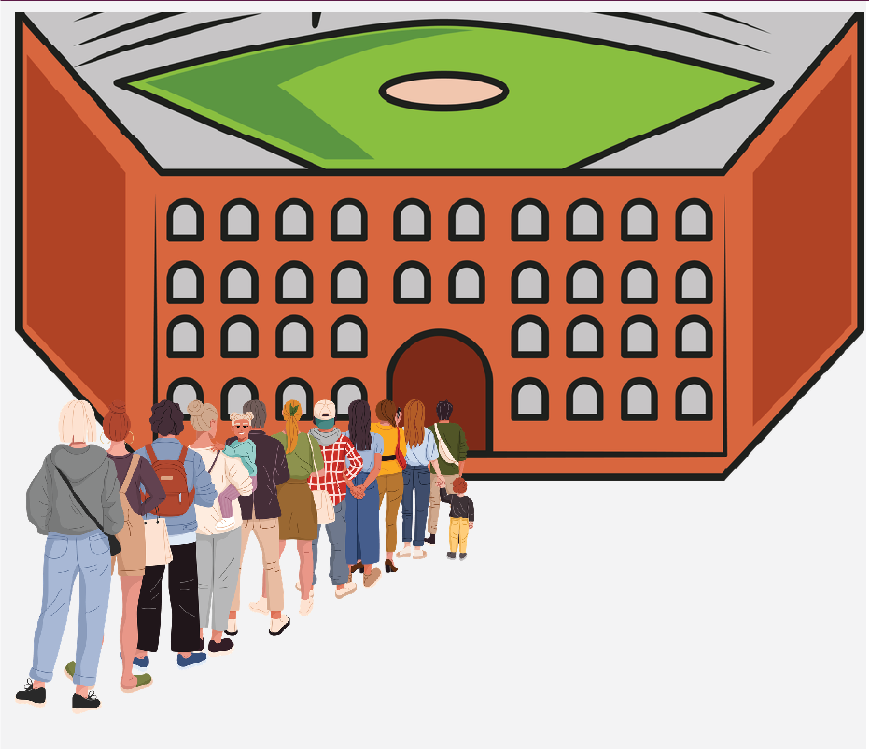 Graphic of people standing in line waiting to get into a baseball park.