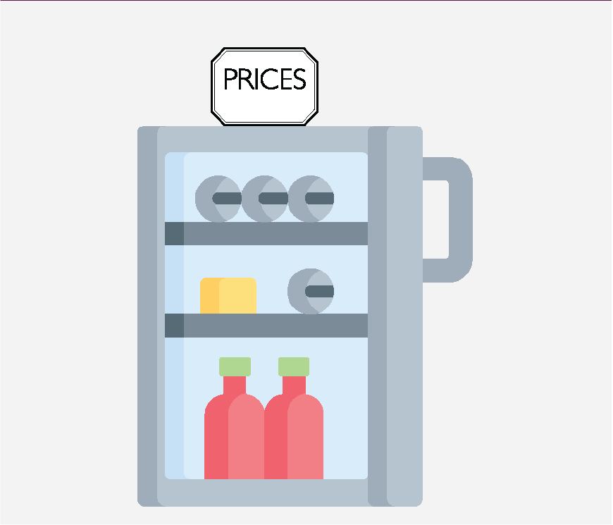 Graphic of a mini-fridge with items inside, there is a sign on top that says 