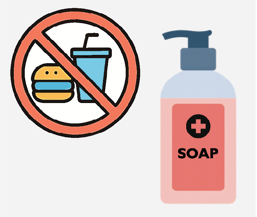 Graphic of a sign that says no eating or drinking and a bottle of soap.