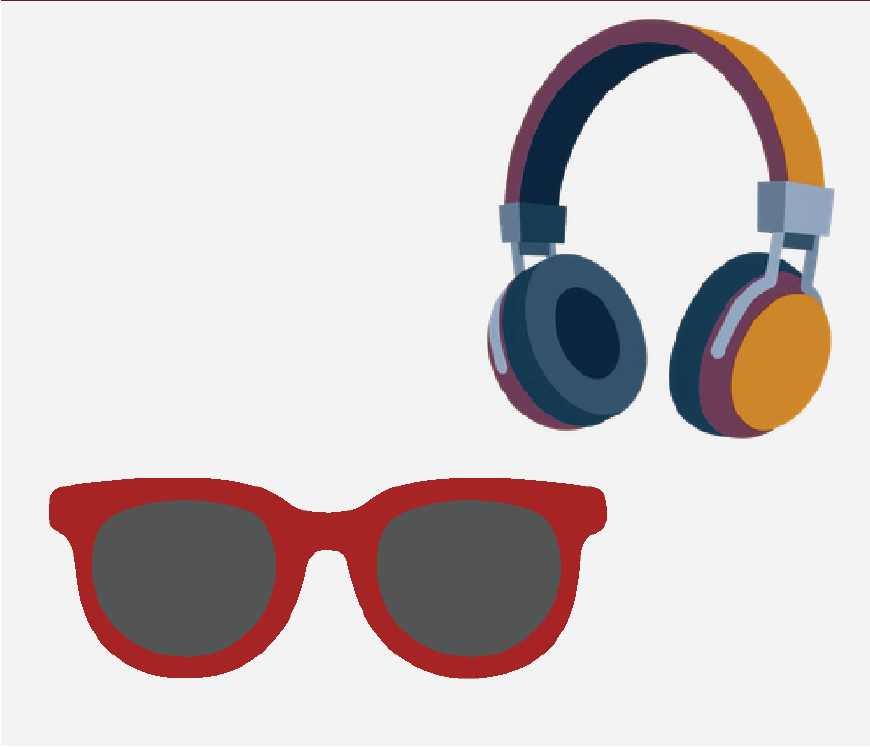 Graphic of head phones and a pair of sunglasses.
