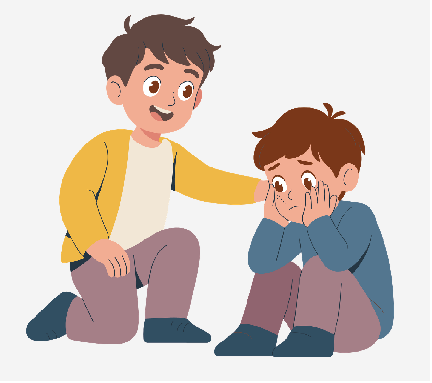 Graphic of a camp counselor talking to a child who looks sad.