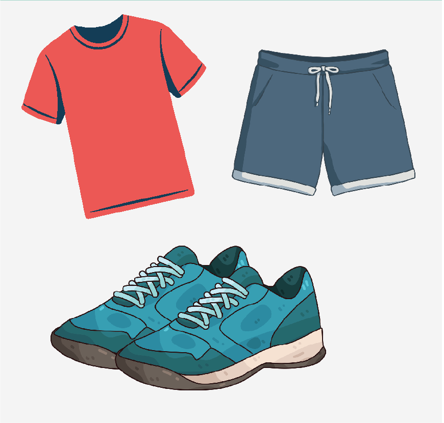 Graphic of some clothes: a T-shirt, shorts, and sneakers.