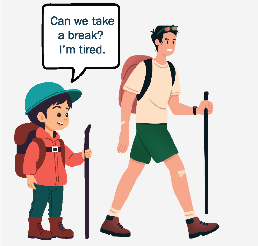 Graphic of a boy on a hike he says 