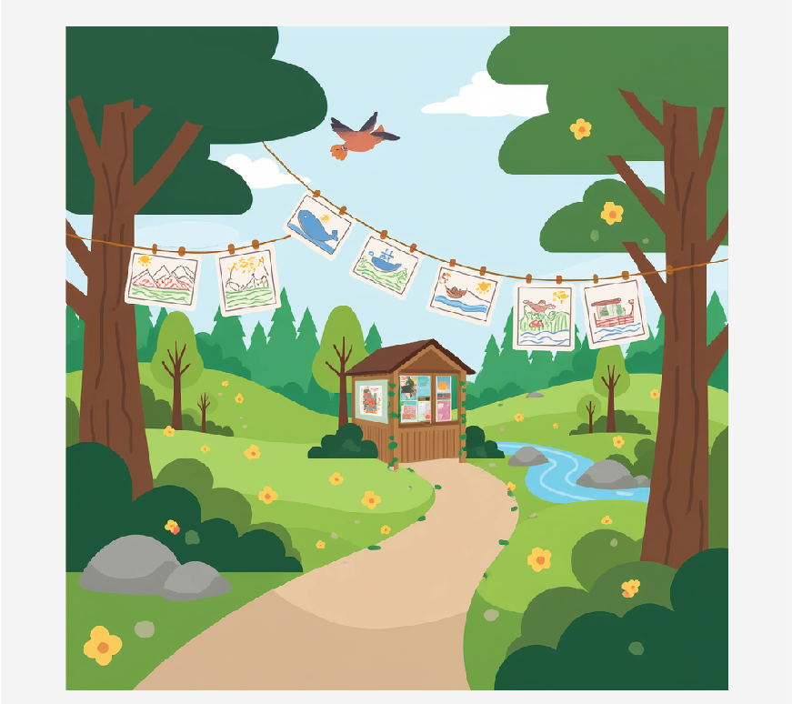 Graphic of a summer camp: There is a small cabin in the woods with a stream running next to it. Thre is a bird flying and artwork drying on a clothes line.