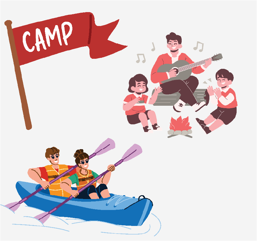 Graphic of camp activities, people are paddling a canoe, singing at a campfire and there his a flag labeled 