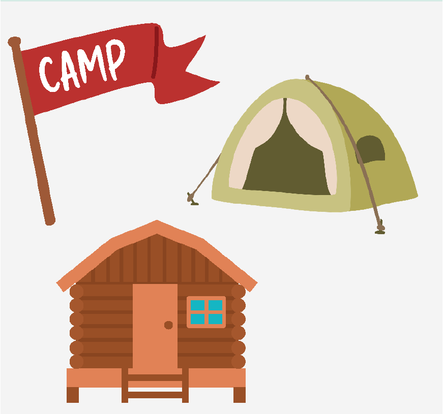 Graphic of a tent, a log cabin and a flag that says 