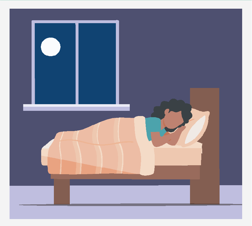 Graphic of a child sleeping in a bed at camp, the moon can be seen through the window.