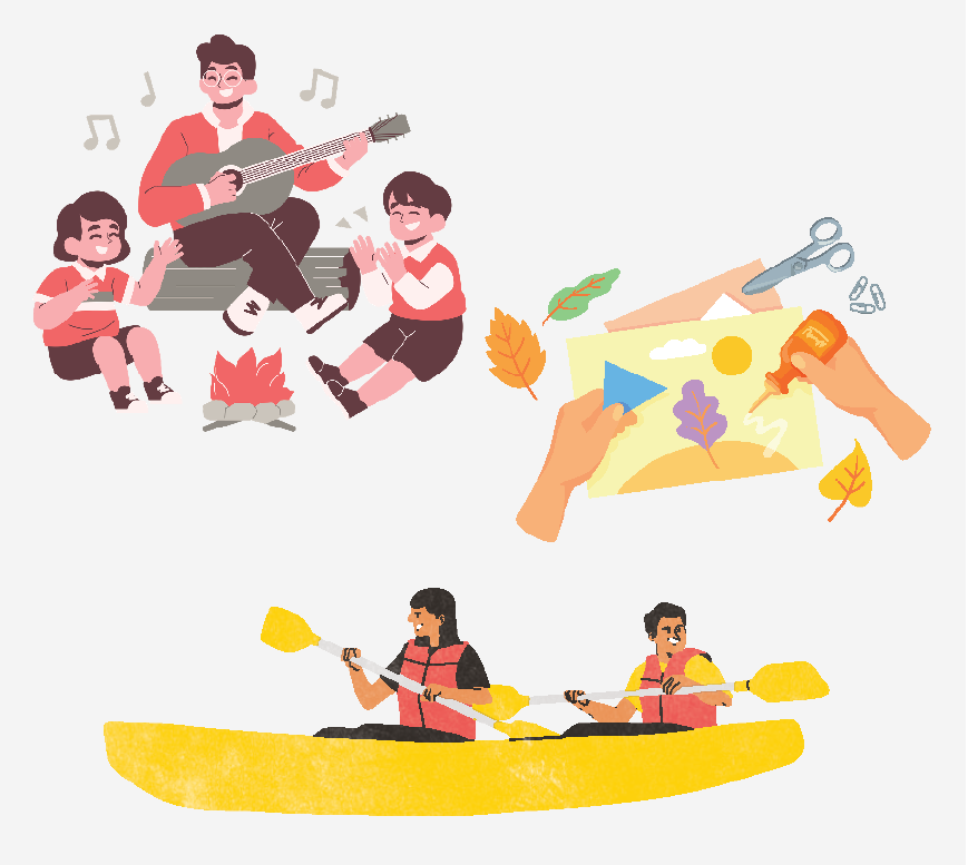 Graphic of camp activities: arts and crafts, paddleing a canoe and singing a song next to a camp fire.