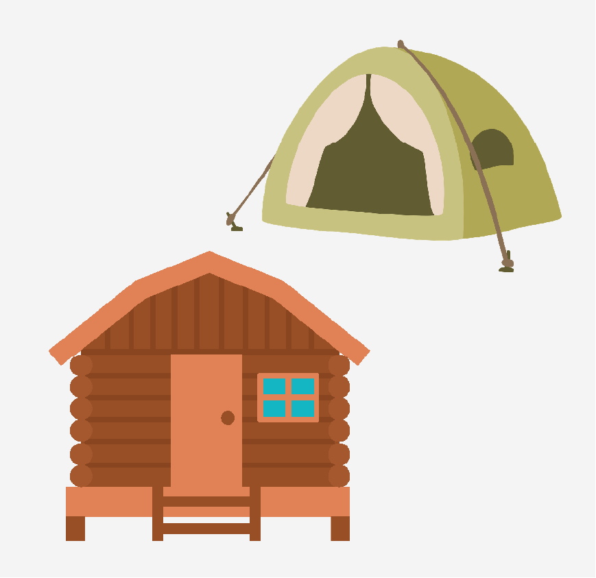 Graphic of a tent and a log cabin.