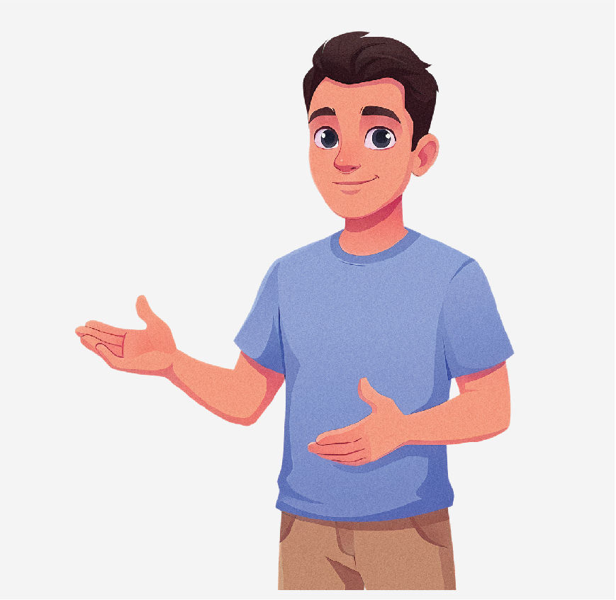 Graphic of a camp counselor, he is wearing a blue shirt.