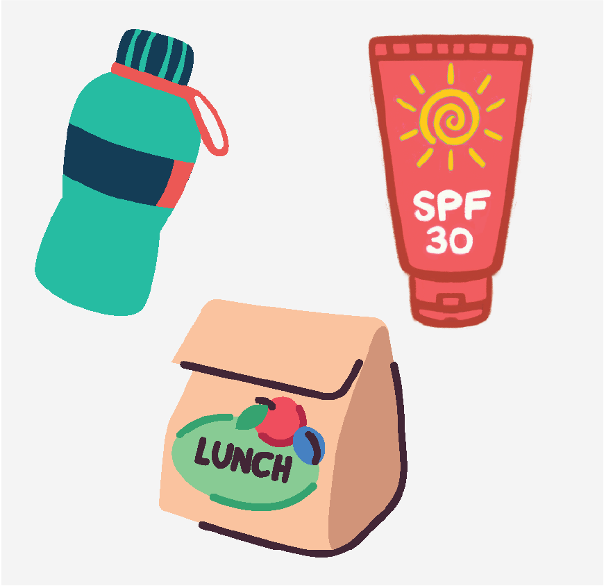 Graphic of a whater bottle, some sun screen and a bag lunch.