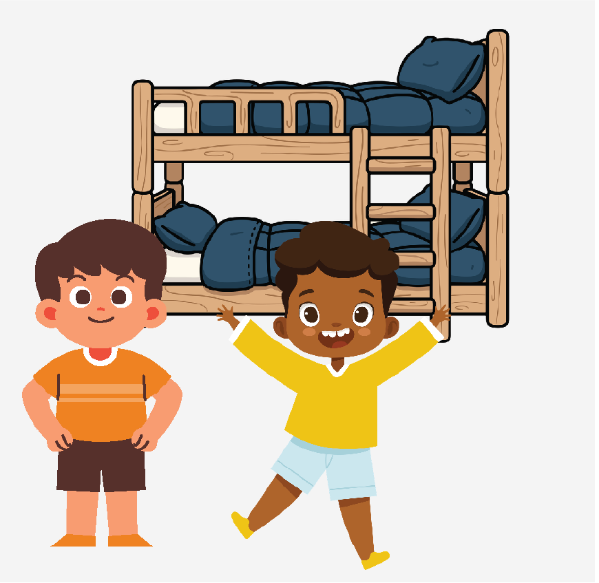 Graphic of two kids standing in front of a bunk bed, they look happy.
