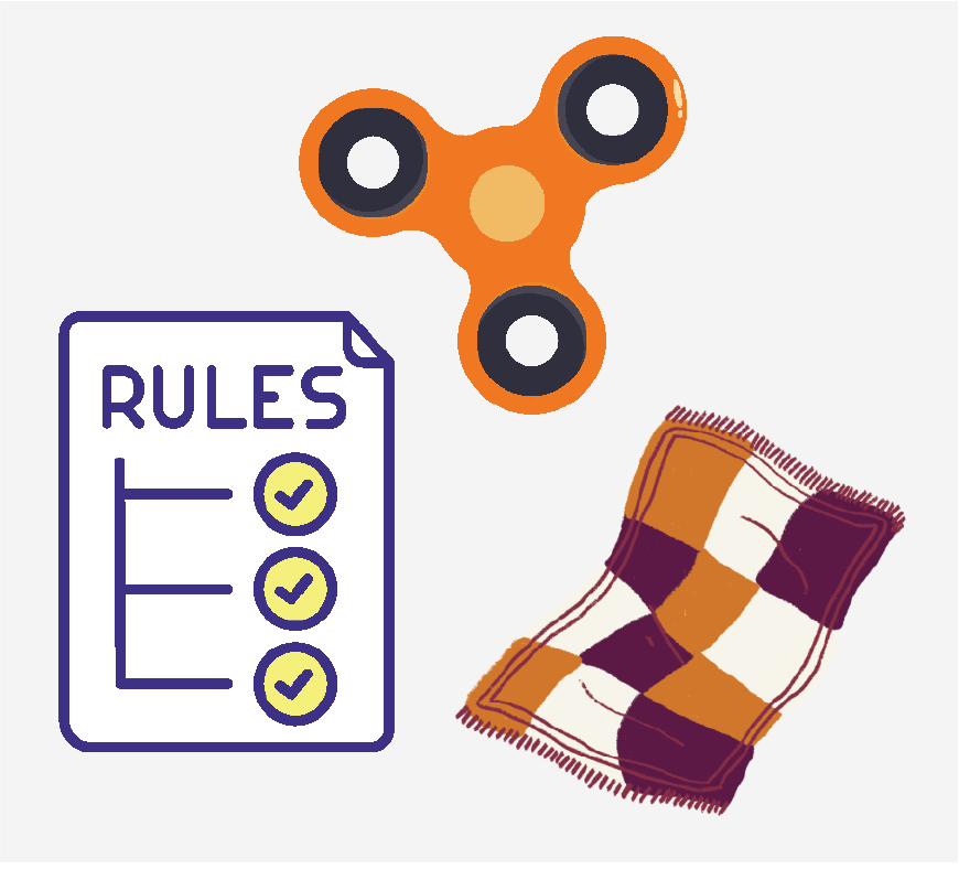 Graphic of a fidget spinner, a piece of paper that says 