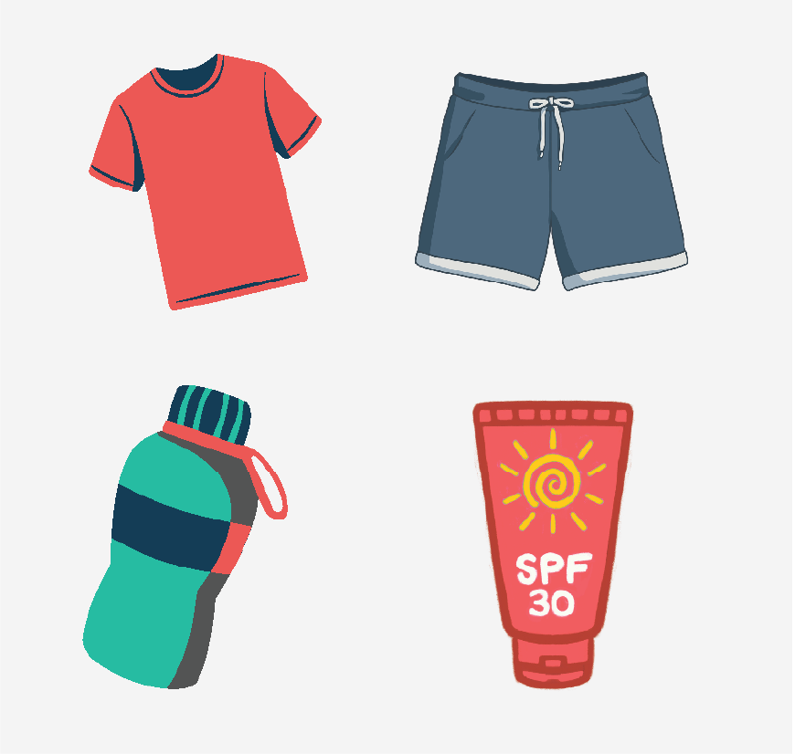 Graphic of things to brink to camp, there is a bottle of sunscreen, a T-shirt, shorts and a water bottle.