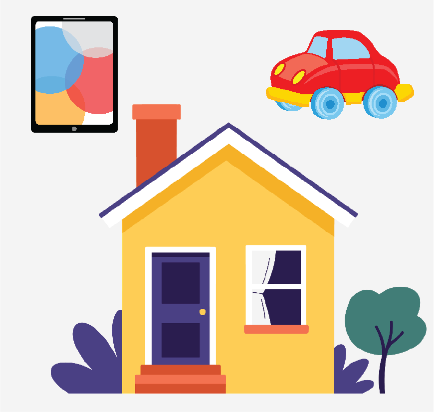 Graphic of a home with an ipad and a care displayed above it.