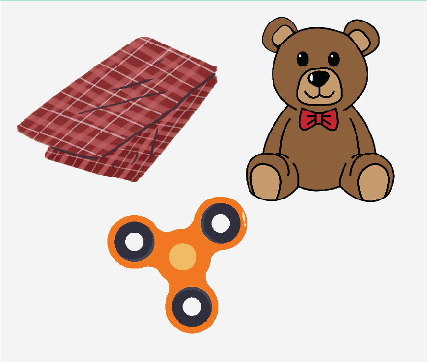 Graphic of a fidget spinner, a blanket and a stuffed animal.
