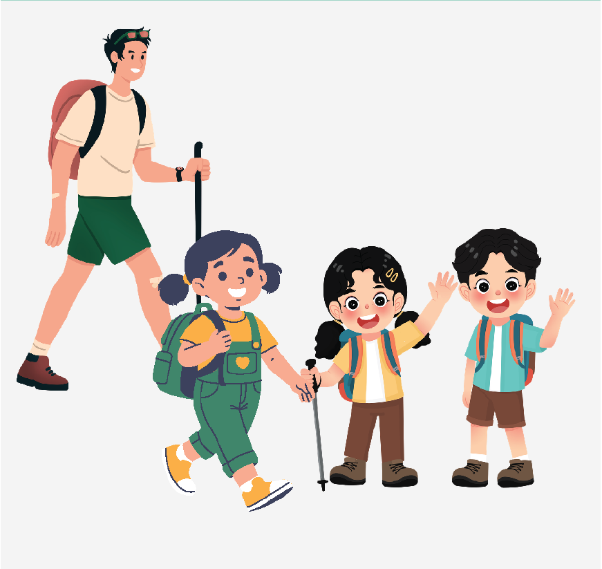 Graphic of a camp counsler leading a hike, he has a stick in his hand and there are three children following him.