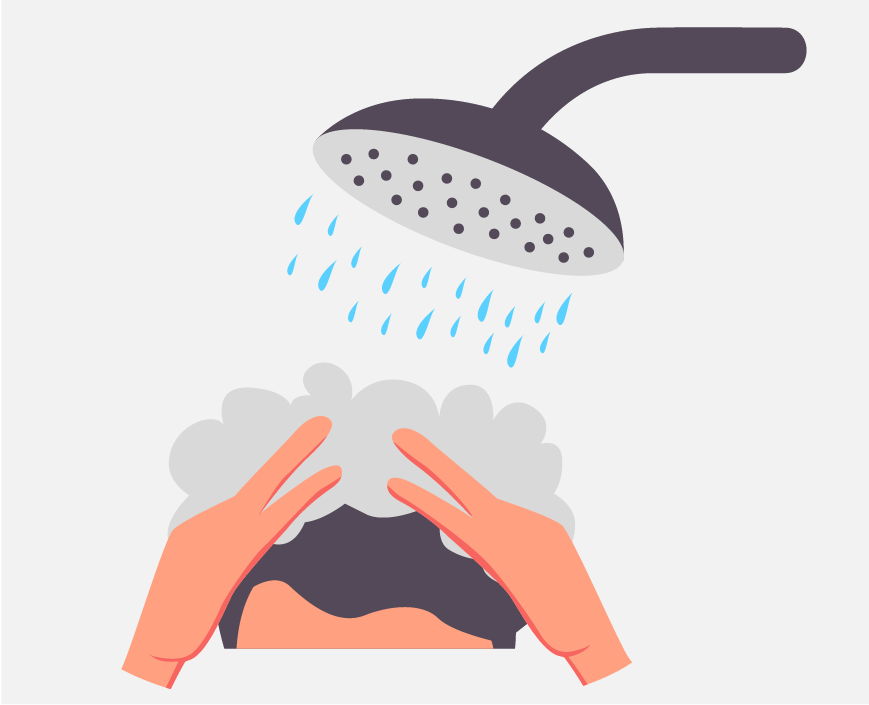 Graphic of a person rinsing soap out of his hair under the shower.