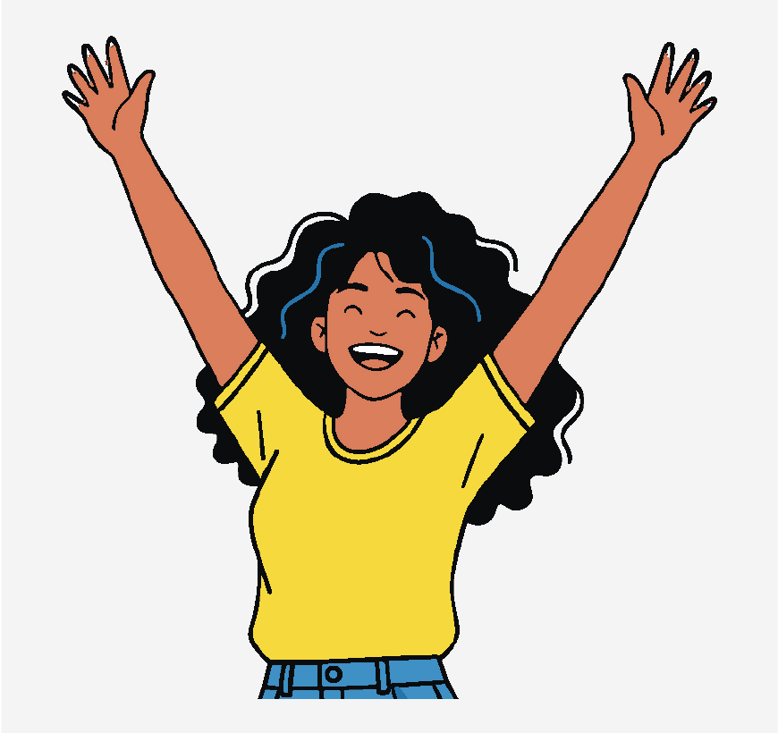Graphic of a woman with her hands up in the air, she is happy and her hair is beautiful.