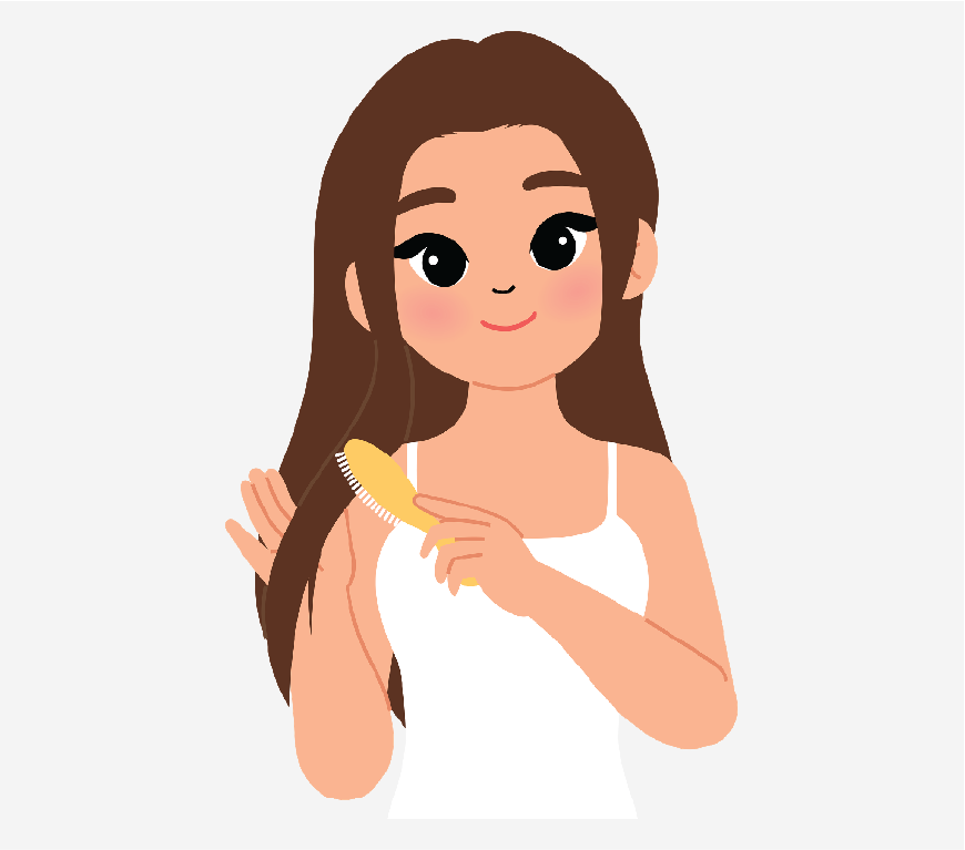 Graphic of a woman with long hair, she is brushing it.