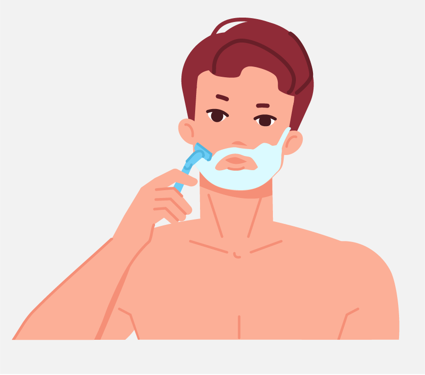 Graphic of a man shaving his face, he has foam on his face.