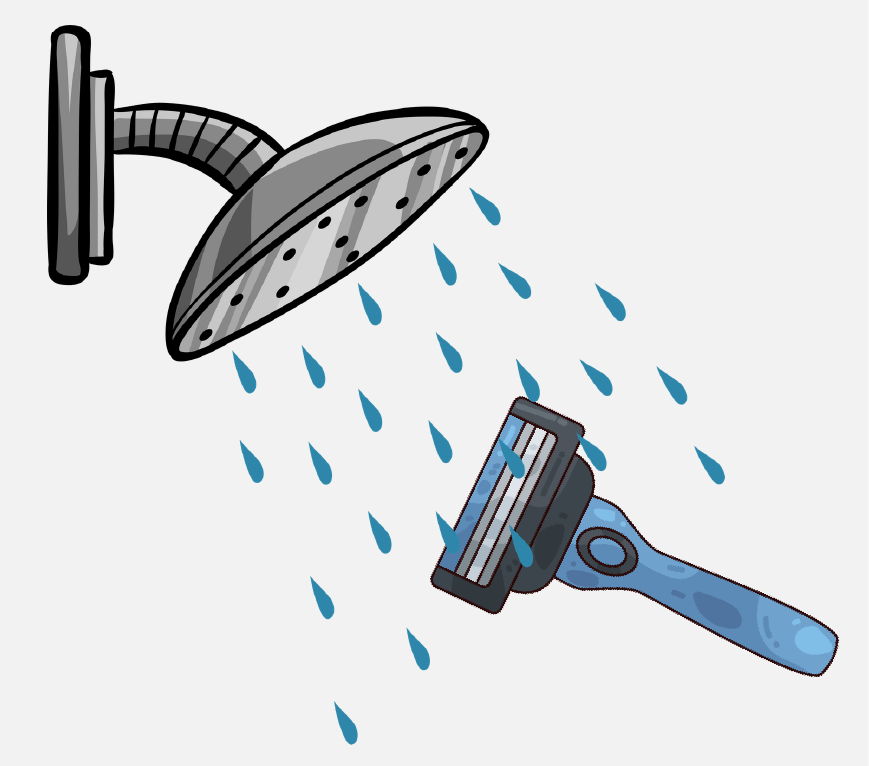 Graphic of a shower head with water flowing out of it, there is a razor being washed in the water.