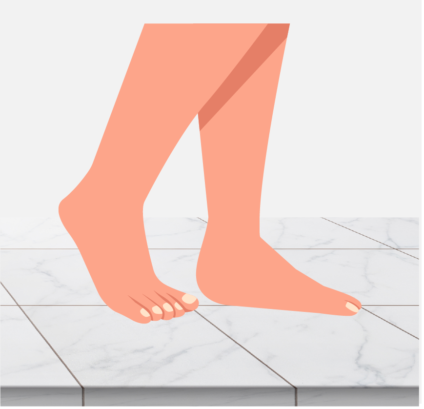 Graphic of a pair of feet walking out of the shower.