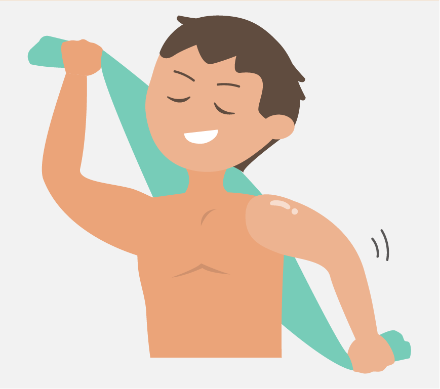 Graphic of a boy drying his back with a green towel.
