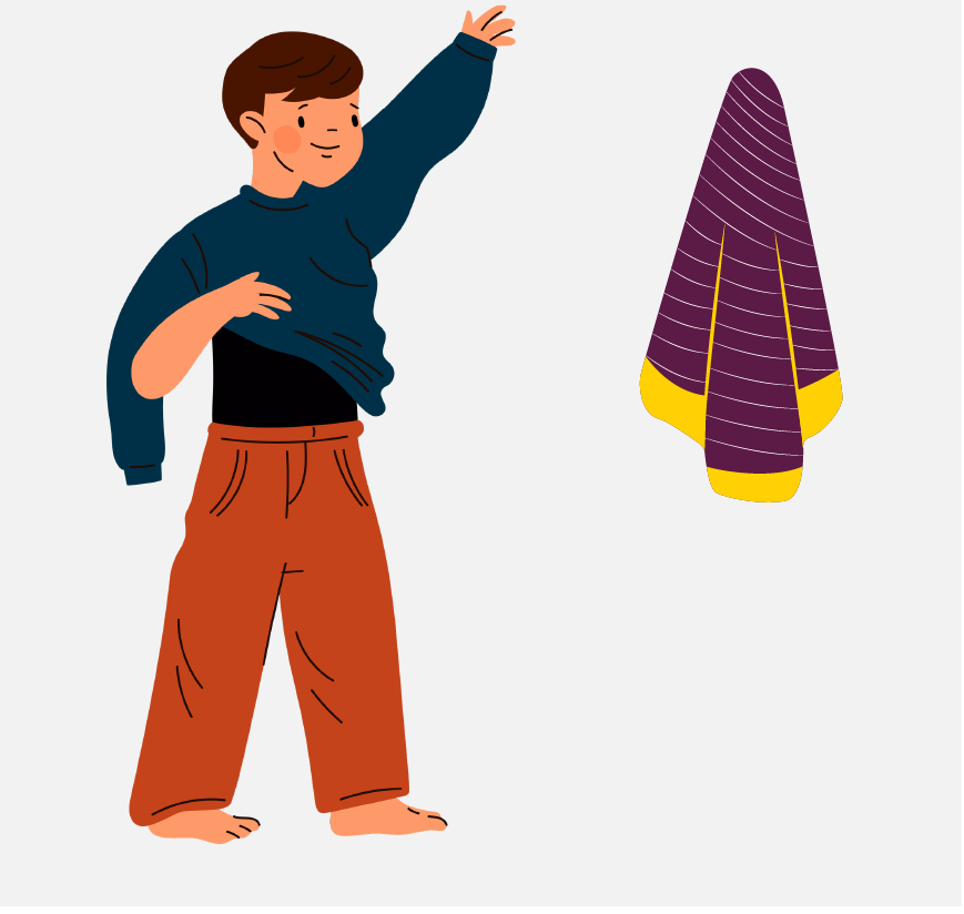 Graphic of a boy getting dressed after his shower. There is a towel hanging on the wall.