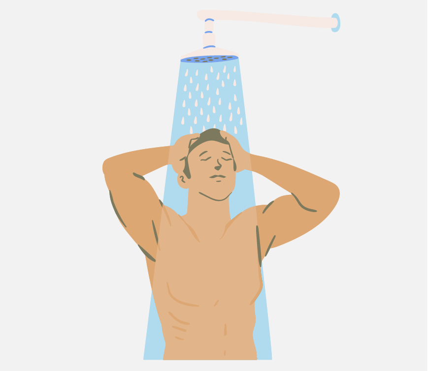Graphic of a man taking a shower, he has no shirt on.