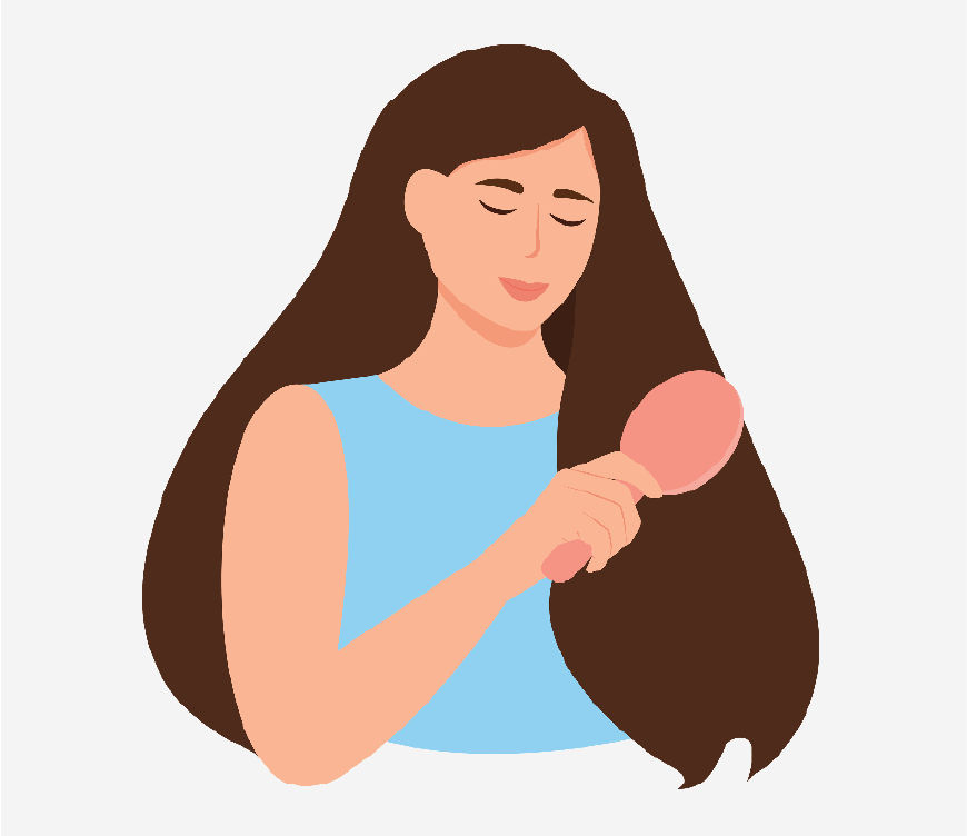 Graphic of a woman with long hair brushing it.