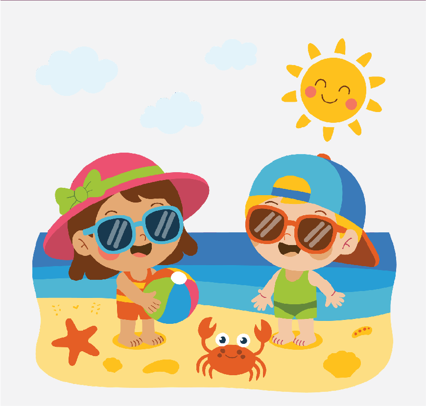 Graphic of two children sitting on the beach, the sun is out and there is a crab on the sand.