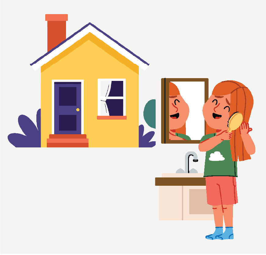 Graphic of a home and of a girl brushing her hair in her room.