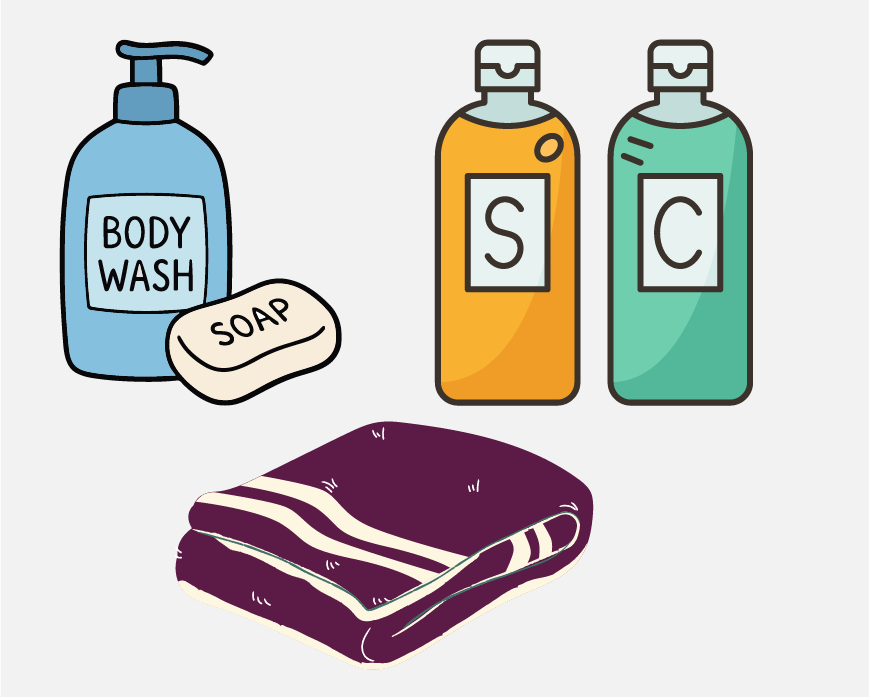 Graphic of soap and several bottles of shampoo and conditioner, there is also a towel.