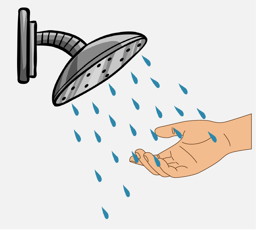 Graphic of a shower head with water coming out of it, a hand is testing the temperature of the water.