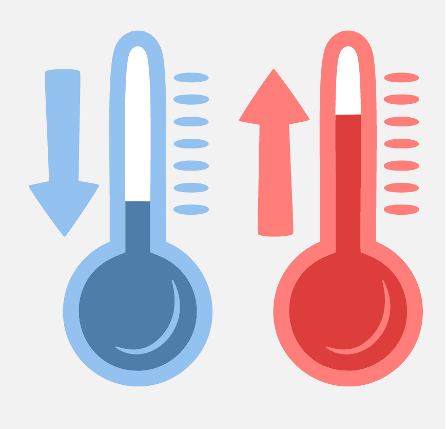 Graphic of two thermometers, one is blue with an arrow pointing down and the other is red with an arrow pointing up.