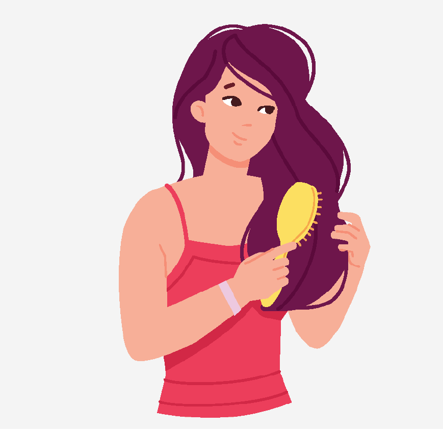 Graphic of a woman with long hair brushing it.