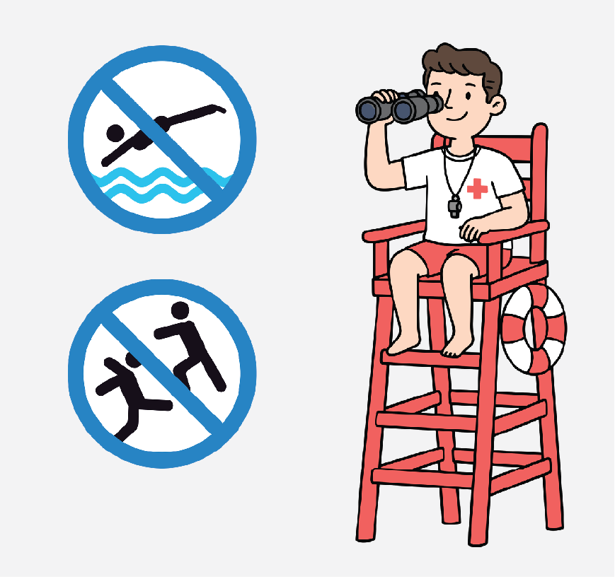 Graphic of a Lifeguard sitting in a red chair, there are two signs near him, on says no diving and the other says no pushing people.