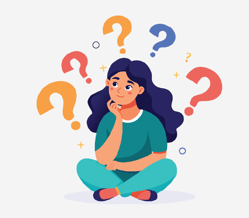 A girl sitting cross-legged with question marks all around her.