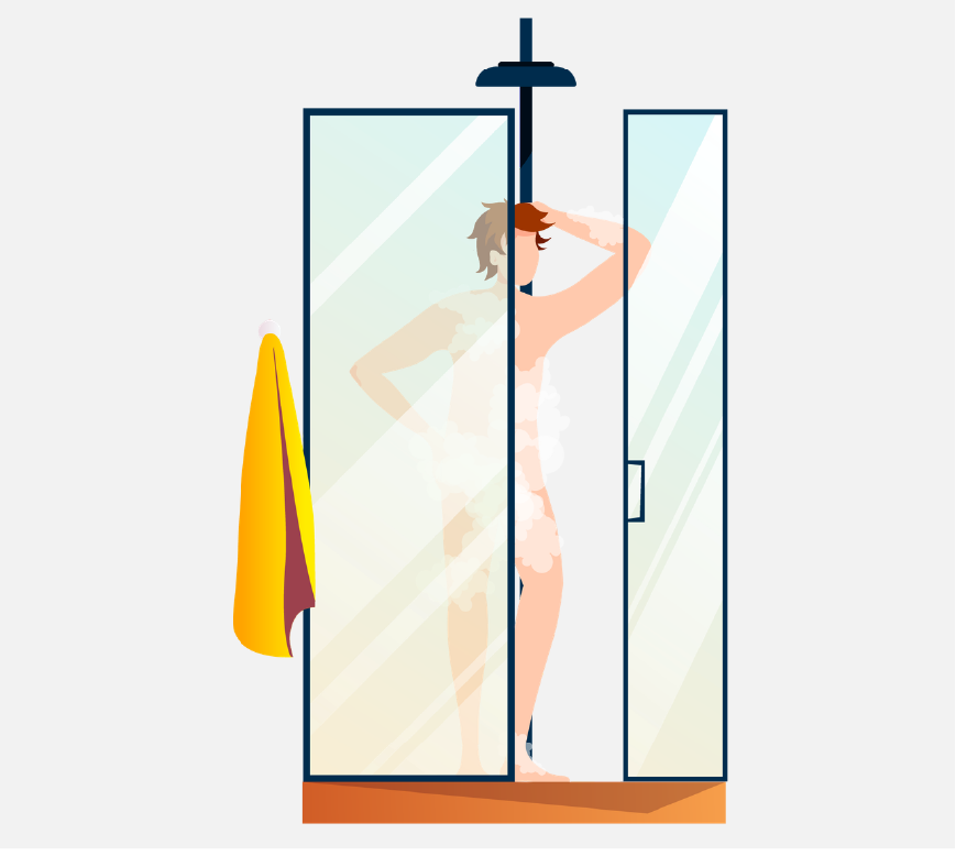 Graphic of a man standing in a shower there is a glass door that is open.