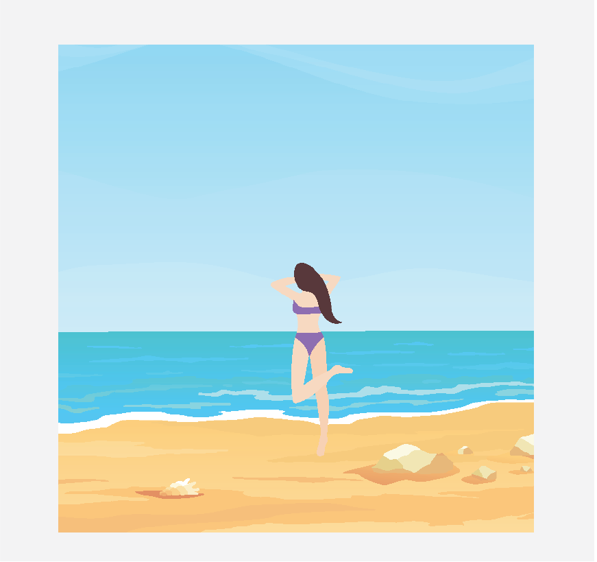 Graphic of a woman walking into the water, she is alone at the beach.