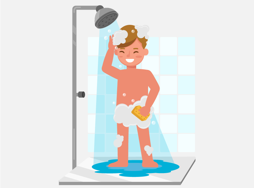Graphic of a boy standing in a shower, he is soaping up his hair.