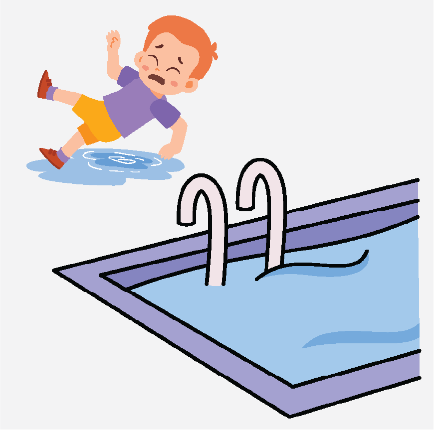 Graphic of a boy slipping on a puddle of water at a swimming pool. He looks scared.