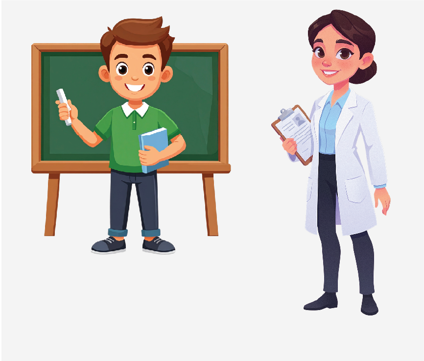 A teacher standing by a chalkboard and a doctor holding a clipboard.